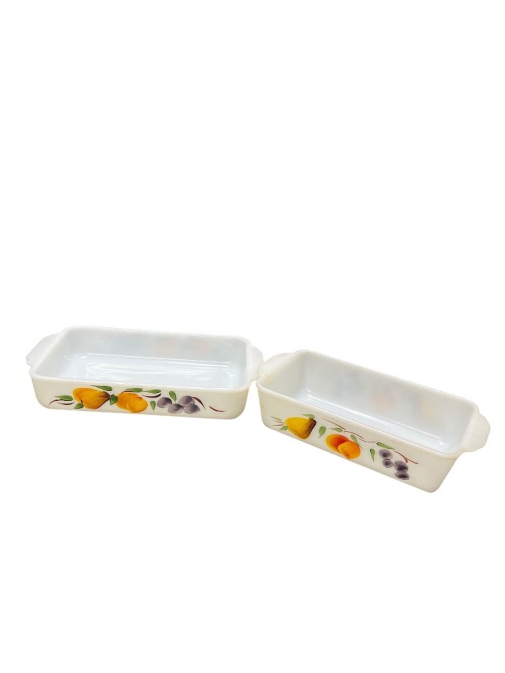 Fire King Vintage Gay fad fruits milk glas loaf pan set of 2 USA made SKU 10-608